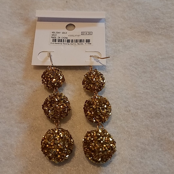 NWT.  Spikey Gold Hanging Ball Earrings - Picture 3 of 4